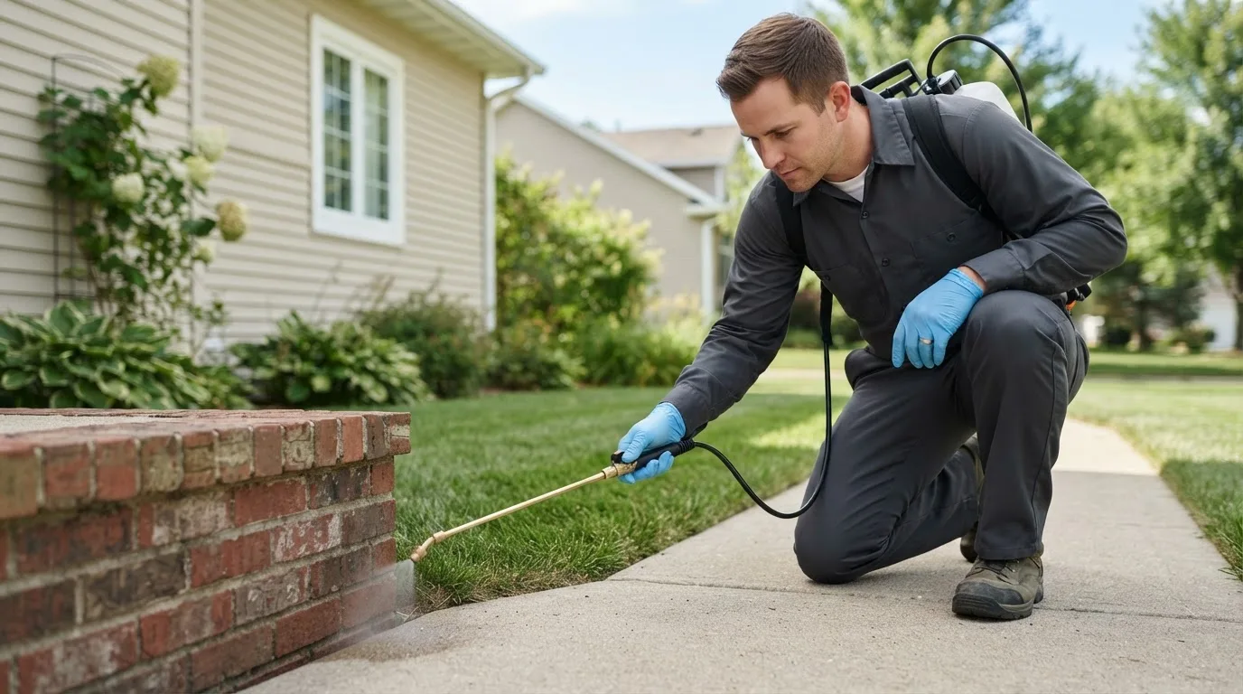 Pest control technician treating a home near Bath, IN